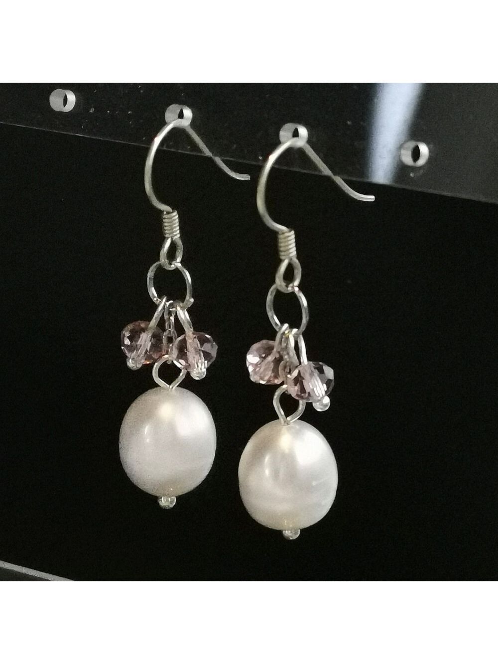 Sterling silver White Freshwater Pearl Pink Crystal Earrings 🆕